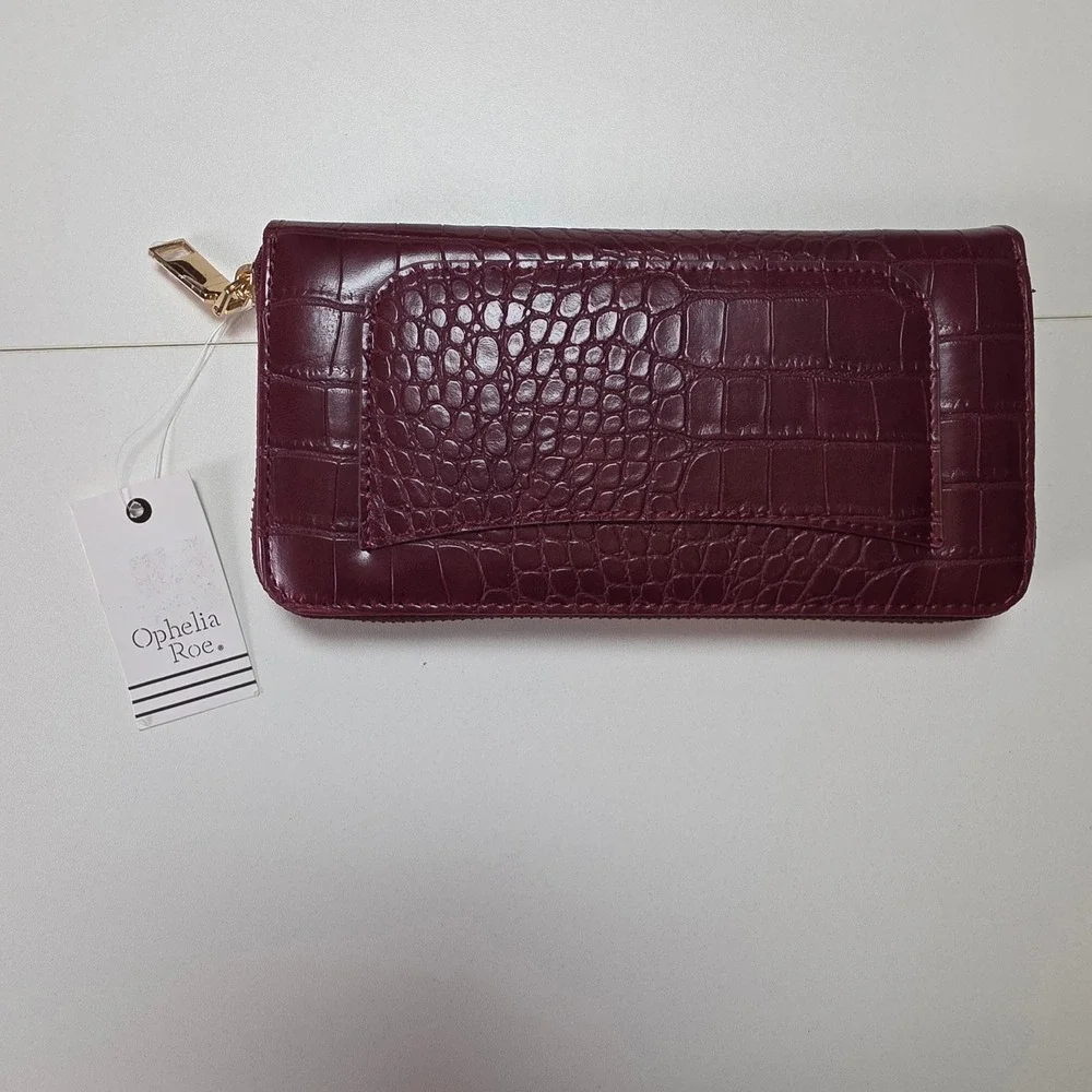 Ophelia Roe Burgundy Croc Embossed Zip Around Wallet Gold Tone Hardware NWT